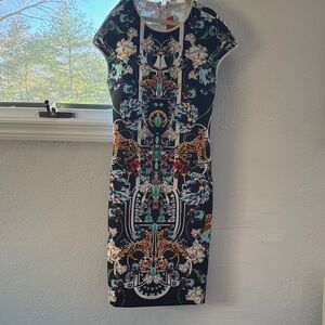 Clover Canyon Black Midi Dress with Vibrant Pattern
